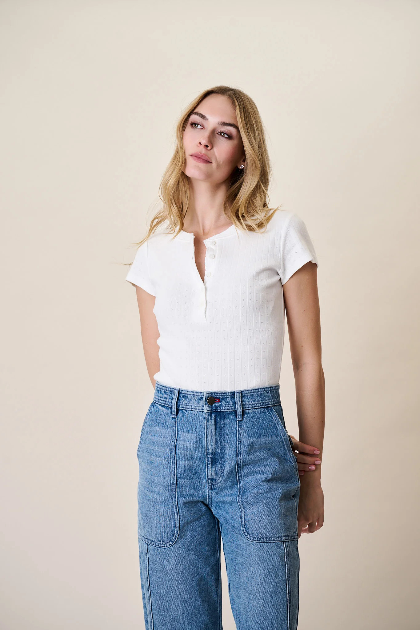 Pointelle Short Sleeve Henley - White | Marea