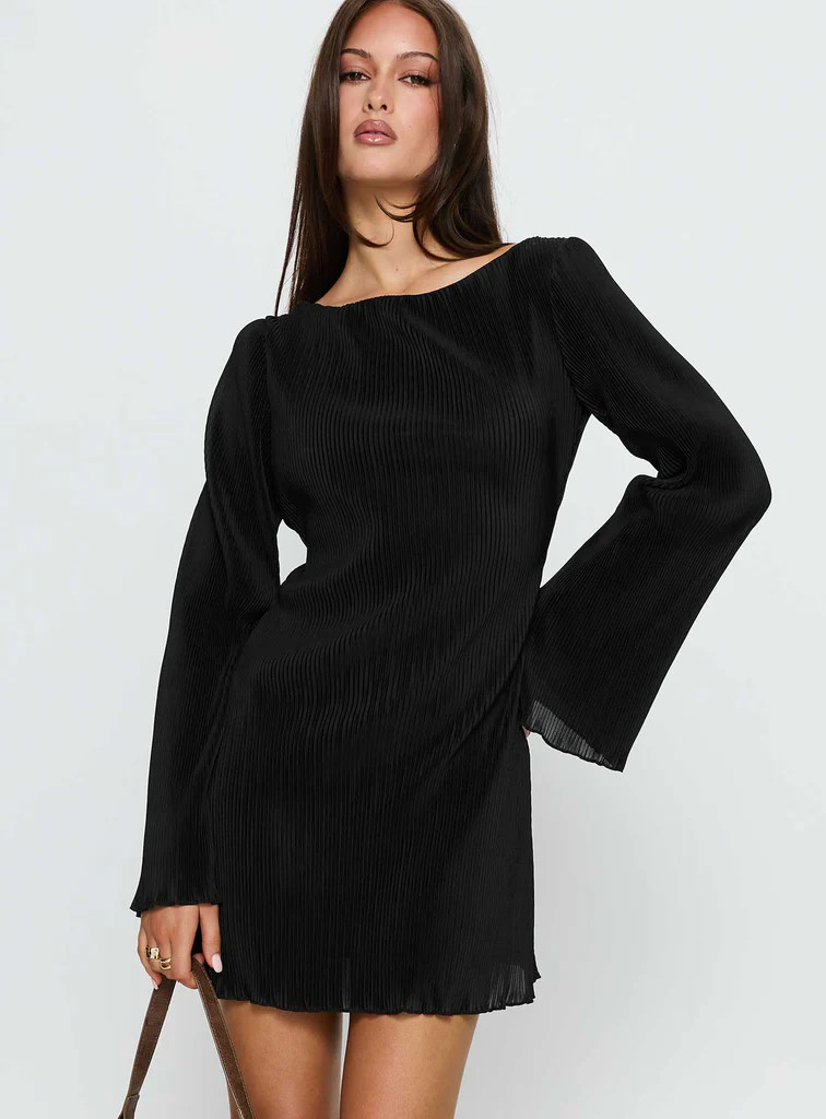 Lukea Long Sleeve Plisse Mini Dress Black | Princess Polly US