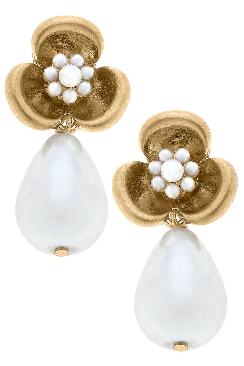 Jeanie Flower with Pearl Drop Earrings in Worn Gold | CANVAS
