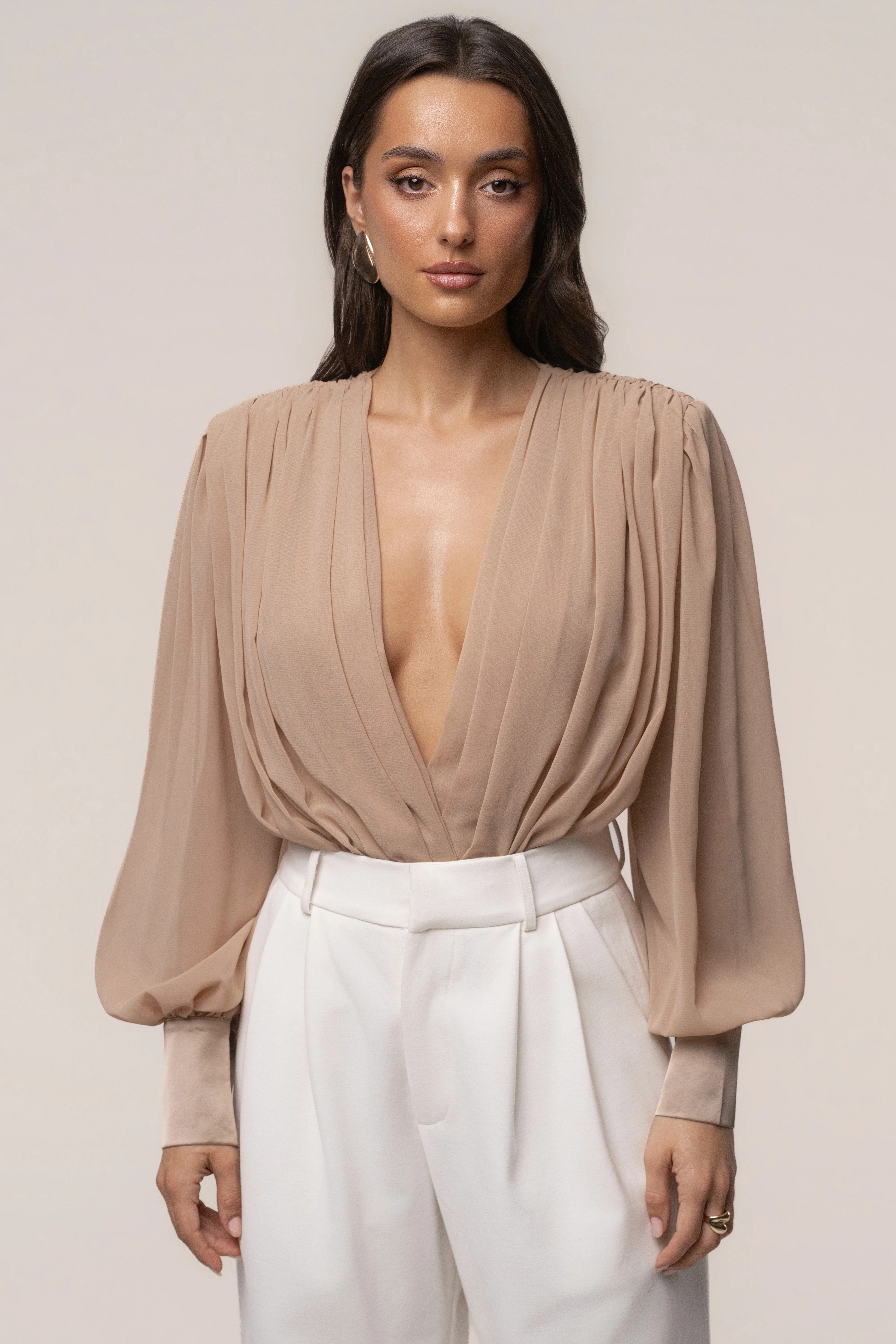 Tan Refined Pleated Chiffon Top | JLUXLABEL US