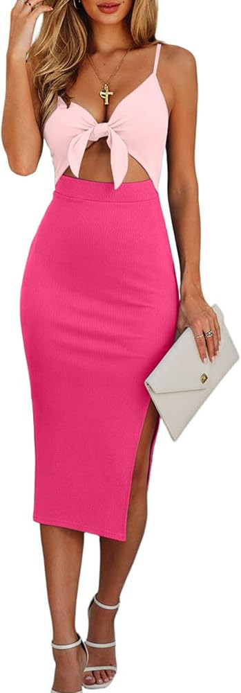oten Women's Sexy Spaghetti Strap Tie Knot Cut Out Bodycon Sleeveless Ribbed Knit Slit Club Party... | Amazon (US)