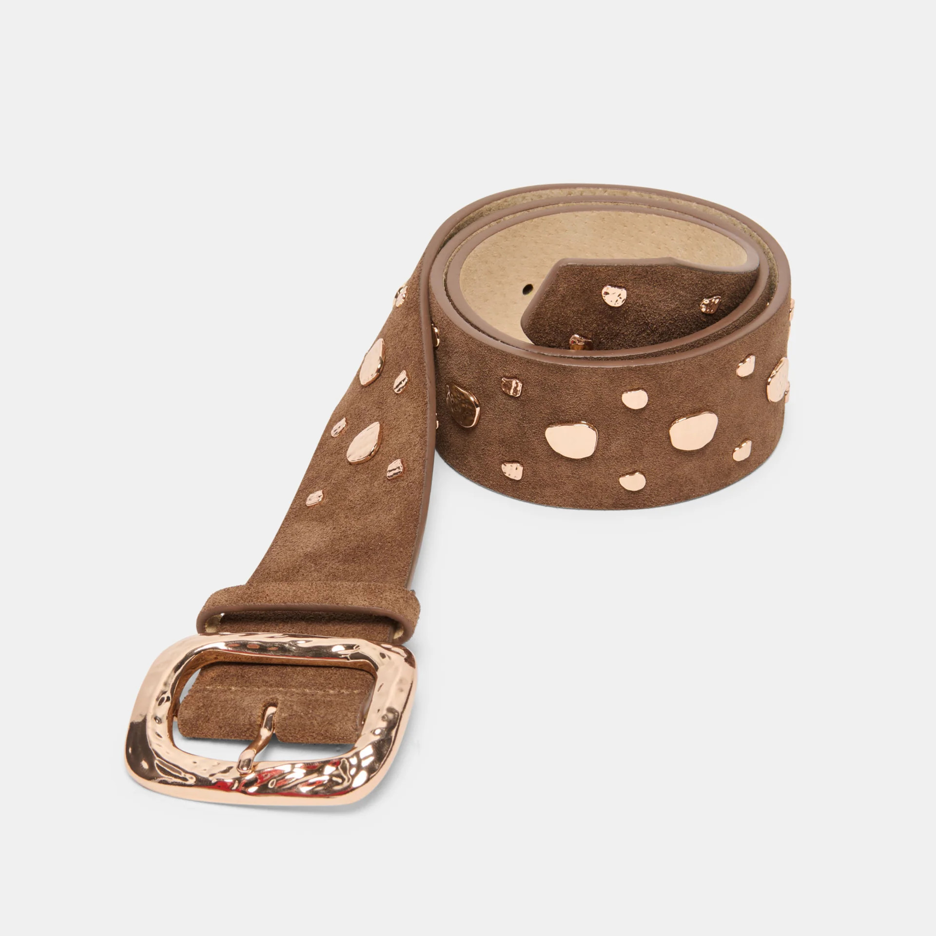Rectangle Buckle Brown Suede Gold Studded Belt | Dolce Vita | DolceVita.com