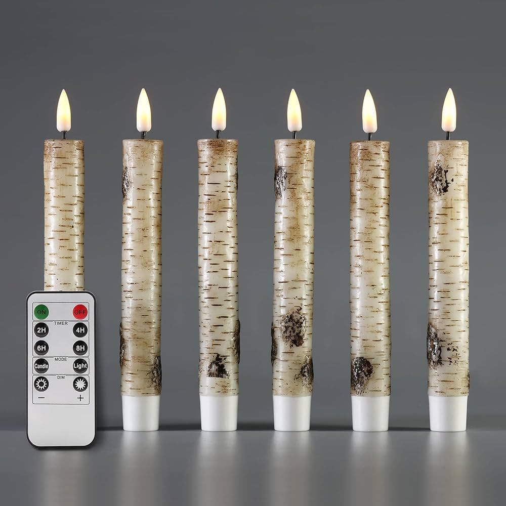 Girimax Short Birch Bark Flameless Taper Candles with Remote, Flickering Real Wax Battery LED Can... | Amazon (US)