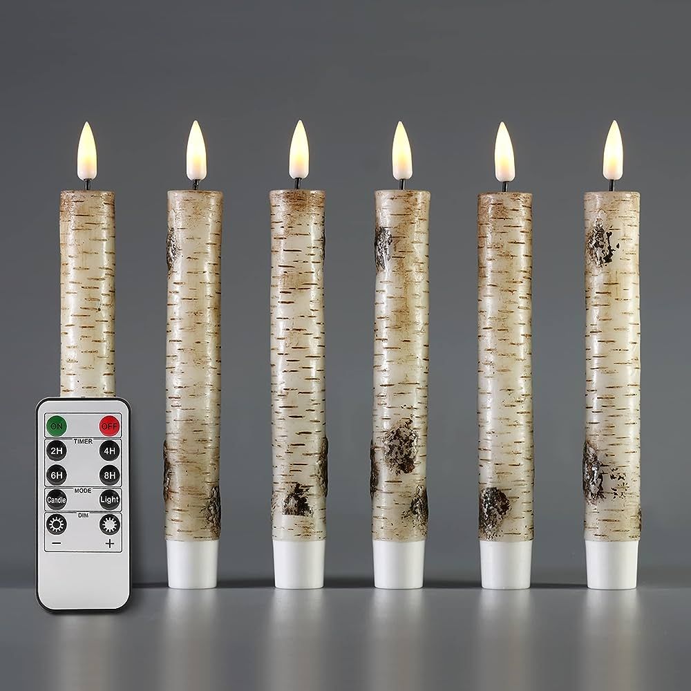 Girimax Short Birch Bark Flameless Taper Candles with Remote, Flickering Real Wax Battery LED Can... | Amazon (US)