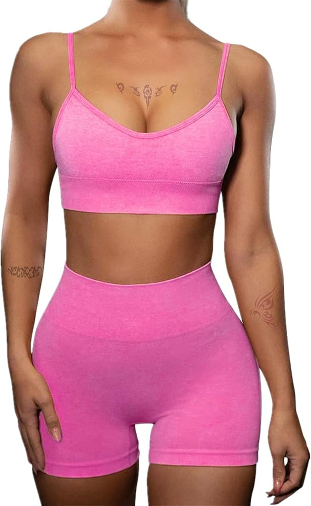 Women Seamless Workout Sets 2 Piece Yoga Outfits Tummy Control High Waist Leggings with Sport Bra... | Amazon (US)