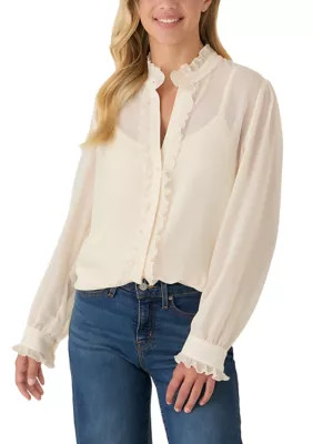 Women's Long Sleeve Ruffle Collar Button Up Peasant Blouse | Belk