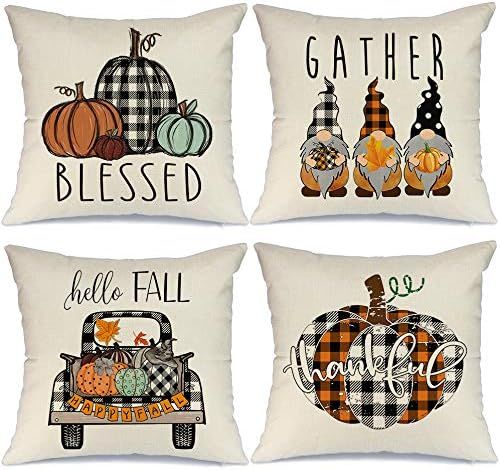 Fall Pillow Covers 18x18 Set of 4 for Fall Decor Farmhouse Thanksgiving Buffalo Check Plaid Gnome... | Amazon (US)