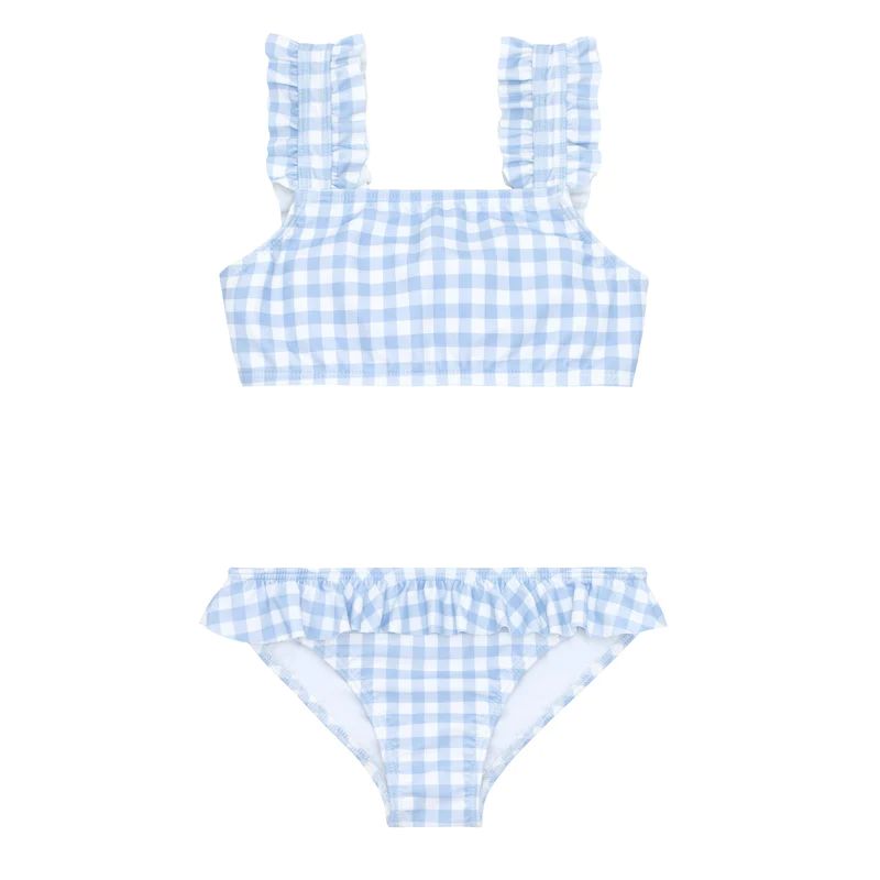 girls oasis blue gingham ruffle strap bikini | minnow