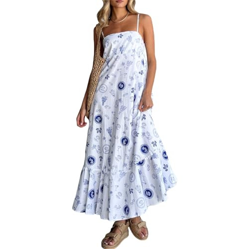 Women Graphic Maxi Cami Dress Spaghetti Strap Floral Boho Long Dress Flowy Summer Holiday Beach D... | Amazon (US)