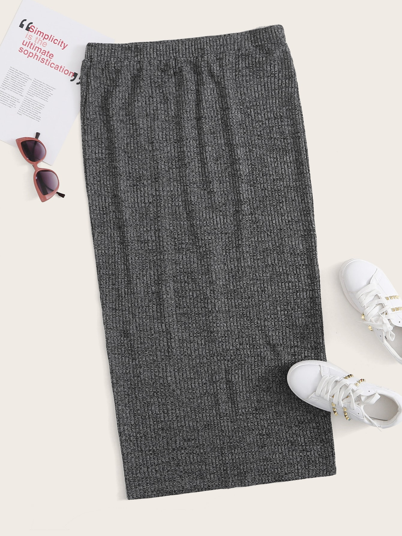 SHEIN Plus Split Hem Rib-knit Skirt | SHEIN