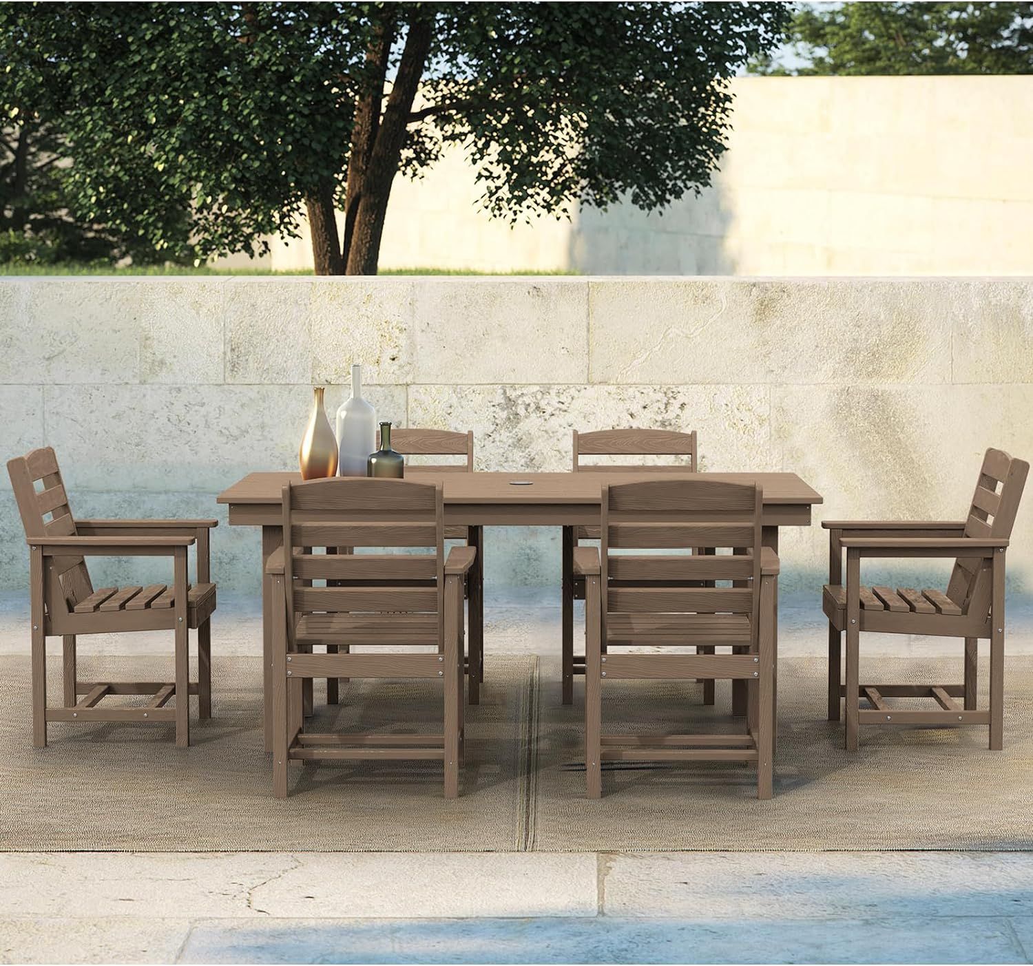 SERWALL 7-Piece Patio Dining Table Sets, Outdoor HDPE Dining Furniture Set with Umbrella Hole Cut... | Amazon (US)