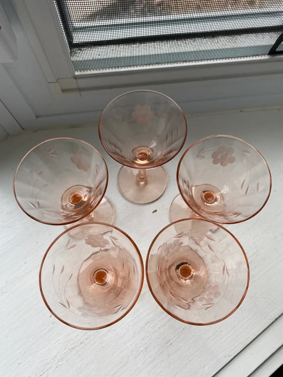 Vintage Set of 5 Etched Pink Depression Glass Champagne | Etsy Canada | Etsy (CAD)