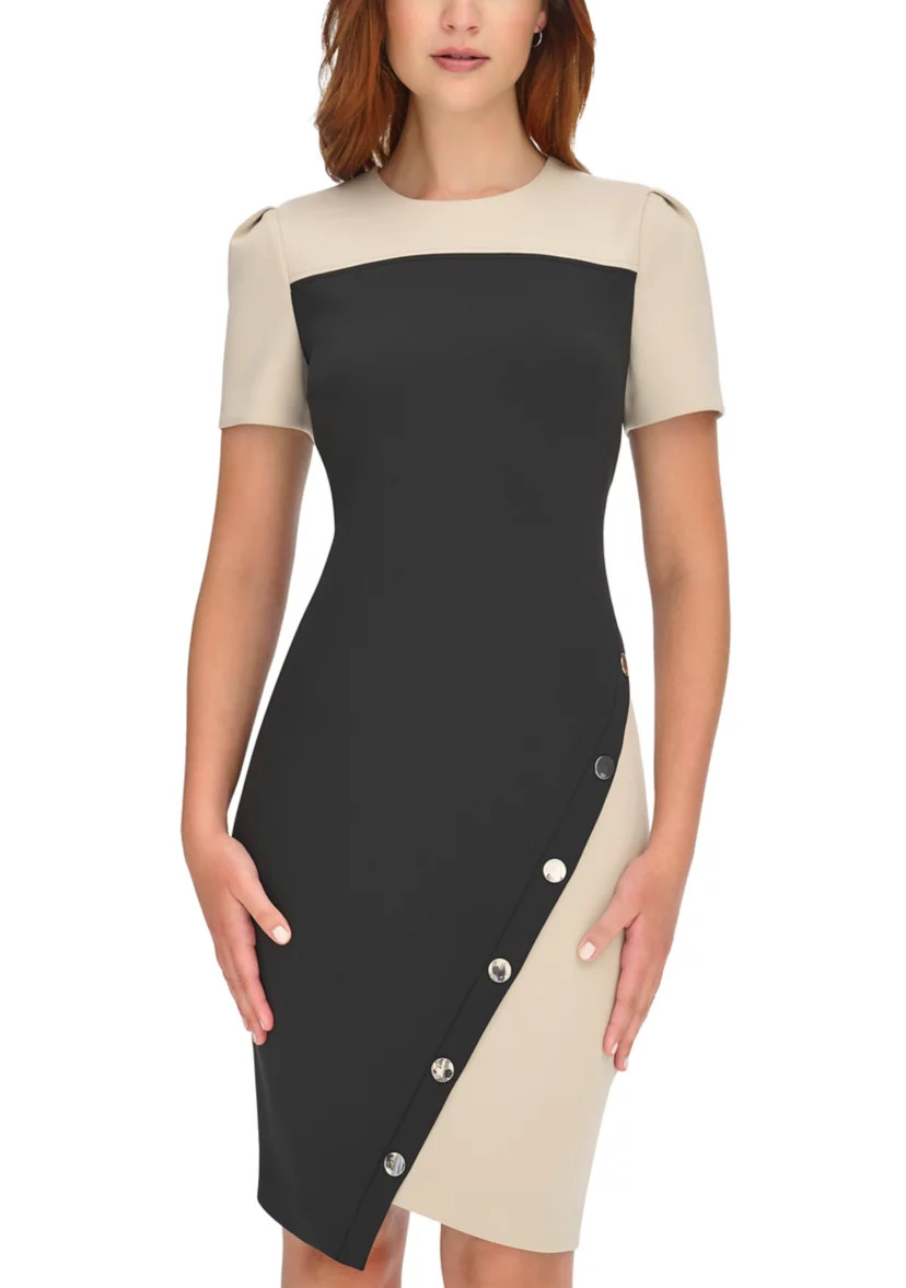Women's Short Sleeve Asymmetric Studded Scuba Hem Sheath Dress | Belk