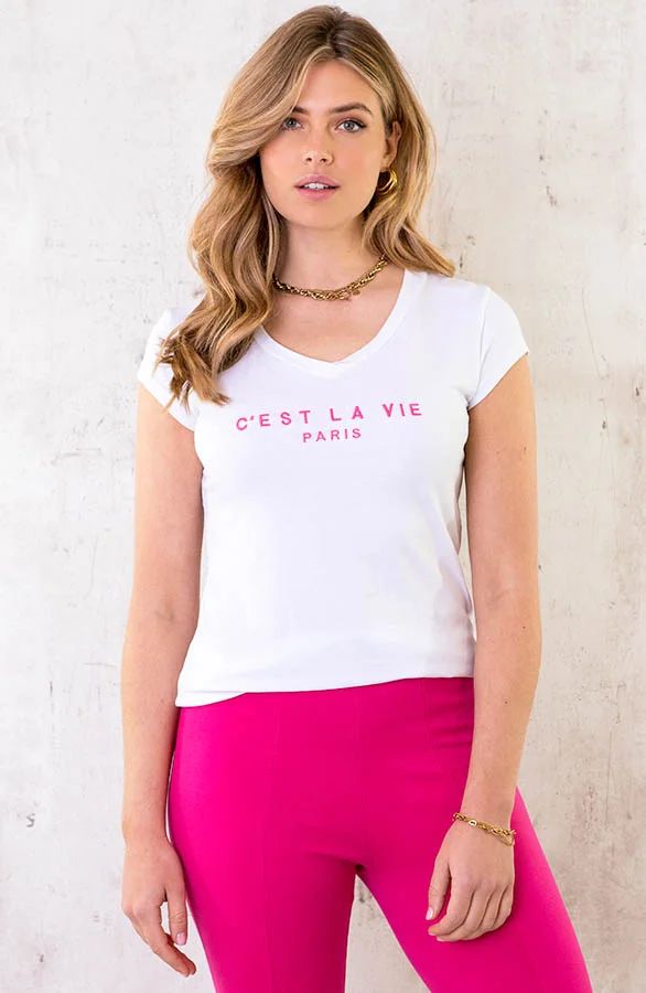 C'est La Vie T-shirt Wit Fuchsia | Themusthaves.nl | The Musthaves (NL)
