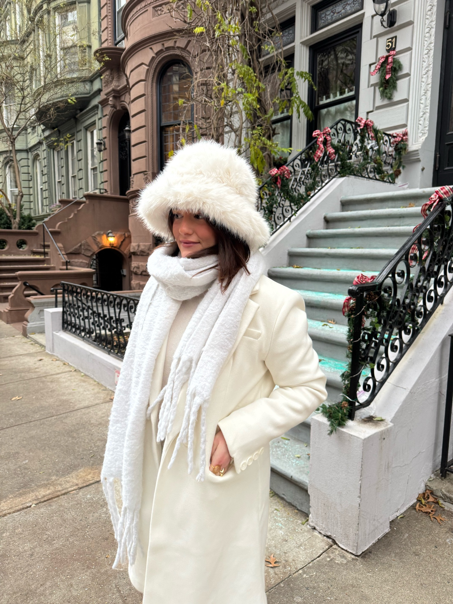 nyc, outfit, winter, ootd, cold, chilly, warm fit, white, fur, hat, pea coat, wool, trench, jeans, denim, Uggs, ootd, scarf, monochromatic, inspo, trendy, aesthetic, New York City, day trip, weekend, casual, chic, fashion, fluffy, bucket hat, brownstone, christmas, holidays, travel, pose, picture, cute, decor, decorations, inspiration 

#LTKSeasonal #LTKHoliday #LTKStyleTip