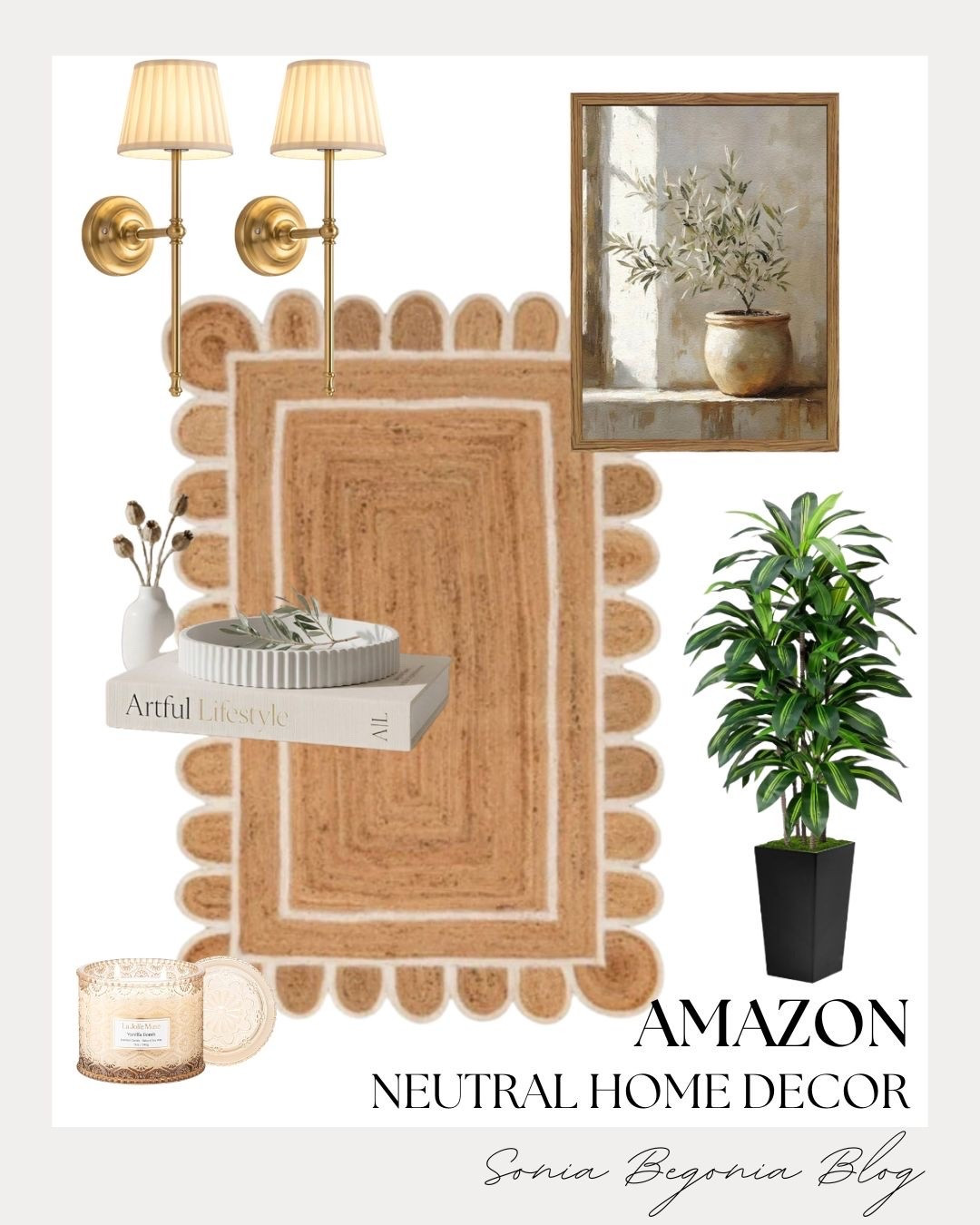 Transform your space into a cozy sanctuary with these stunning neutral finds from Amazon! ✨

This scalloped jute rug adds the perfect touch of texture, while the elegant gold wall sconces bring warmth and sophisticated style to any room.

I've paired them with beautiful faux greenery, serene framed artwork, and chic ceramic accents to elevate your space effortlessly.

#LTKhome #AmazonHome #NeutralHomeDecor #ModernFarmhouse #HomeStyling #InteriorInspo #CozyVibes #AmazonFinds #DecorInspiration #SoniaBegoniaBlog

#LTKHome