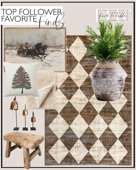 Top Follower Favorite Finds. Follow @farmtotablecreations on Instagram for more inspiration. Bell Stands Vintage Inspired Copper Bells Meta Iron Bells Stands. A Chilly Sleigh Ride Canvas Printed Sign. Artisan Handcrafted Terracotta Vases. Realistic 24" Cedar Spray/Stem-Winter Greenery-Faux Christmas Greenery-Holiday Home Decor-Artificial Evergreen. Beige Vanni Checkered Fringed Area Rug. Wooden Stool Vintage Small Old Rustic Elm Wood Display Riser Stand Stool Kitchen Stool Bathroom Stool Kid Bench Stool Entryway Bench. Faux Fur Plush Reverse Throw Blanket. Woven Tree Square Throw Pillow - Threshold™ designed with Studio McGee. Christmas Decor. Holiday Decor. Target Finds. 

On Framed Art, Use Code FARMTOTABLE for 15% off  

#LTKfindsunder50 #LTKsalealert #LTKHoliday