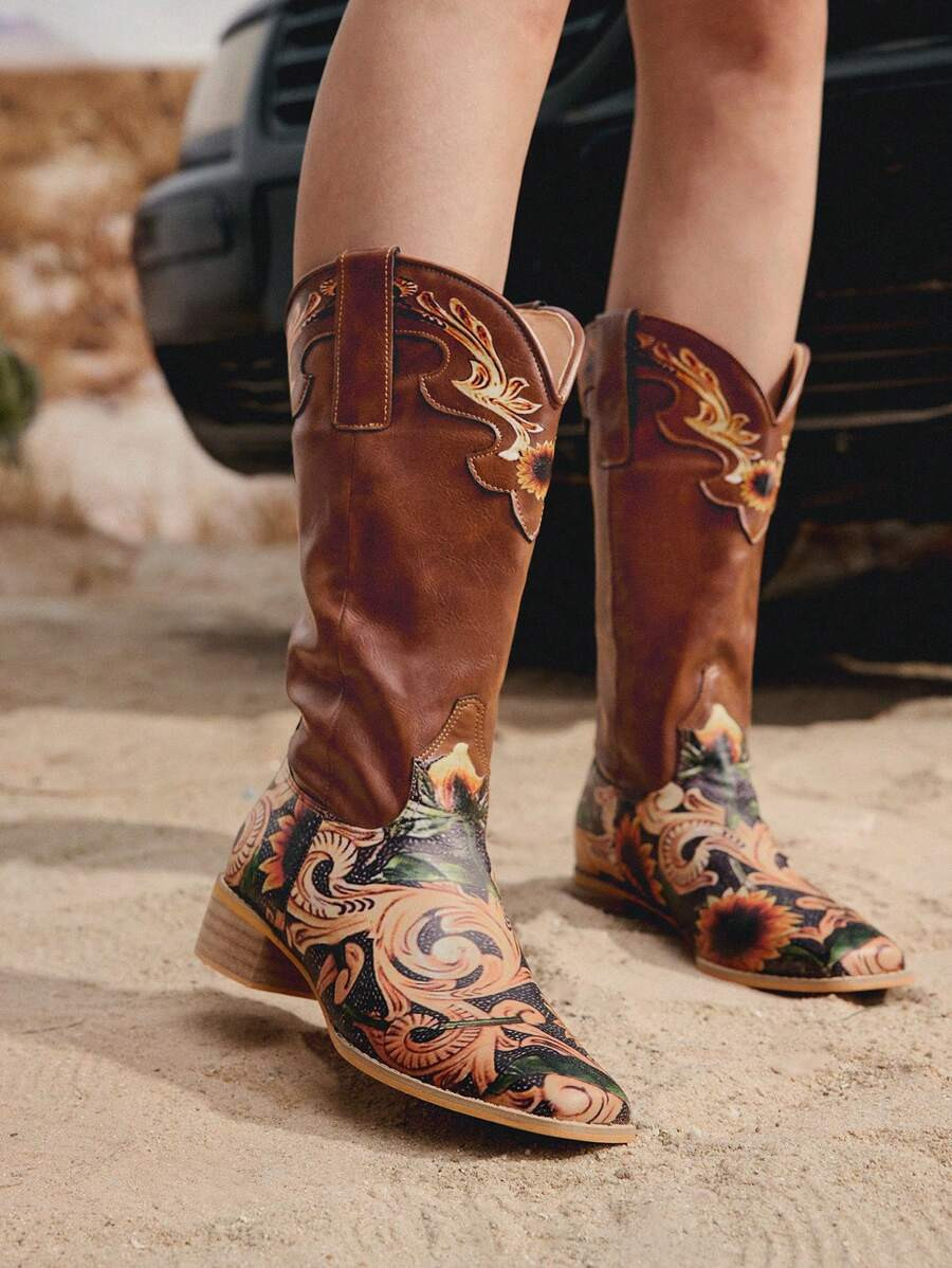 Styleloop Women Square Toe Printed Mid-Calf Western Boots | SHEIN