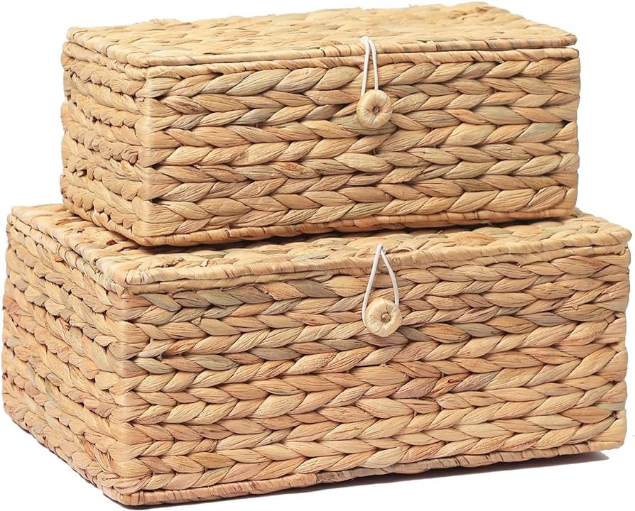 Set of 2 Rectangular Wicker Storage Bins with Lid, Rattan Basket Decorative Boxes, Multipurpose O... | Amazon (US)