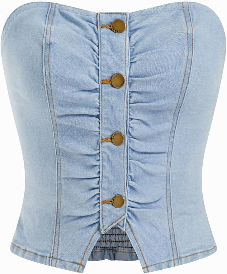 CIDER Denim Tube Tops for Women Going Out Button Down Crop Jean Top Trendy Summer Cowgirl Concert... | Amazon (US)