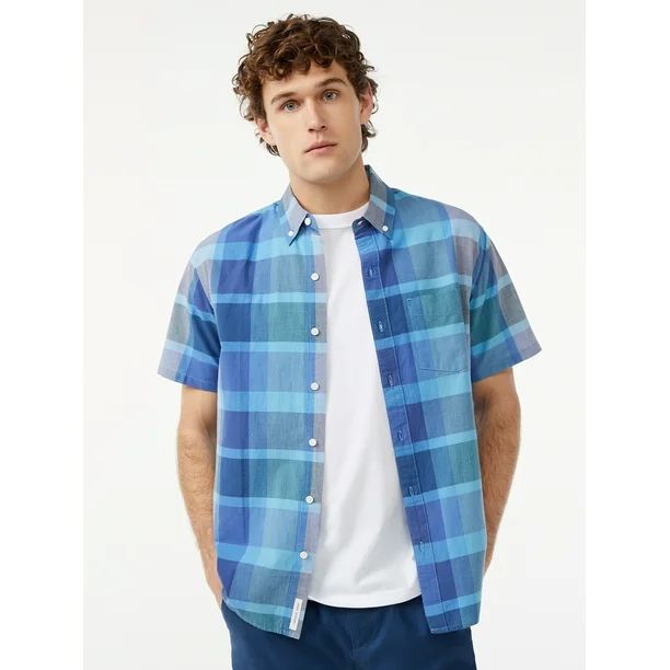 Free Assembly Men's Madras Button Down Shirt with Short Sleeves - Walmart.com | Walmart (US)