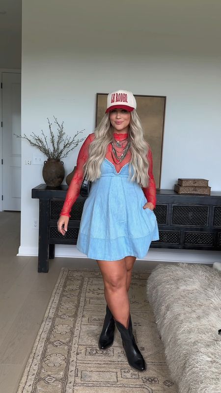 Nashville + country concert outfit inspo!! 🎸🤍✨ Love how flattering this denim dress fits! Layered it with a lace long sleeve for some extra sass & a trucker hat cause they make everything more fun. 😜 

Dress // size medium 
Lace top // size small (runs big) 