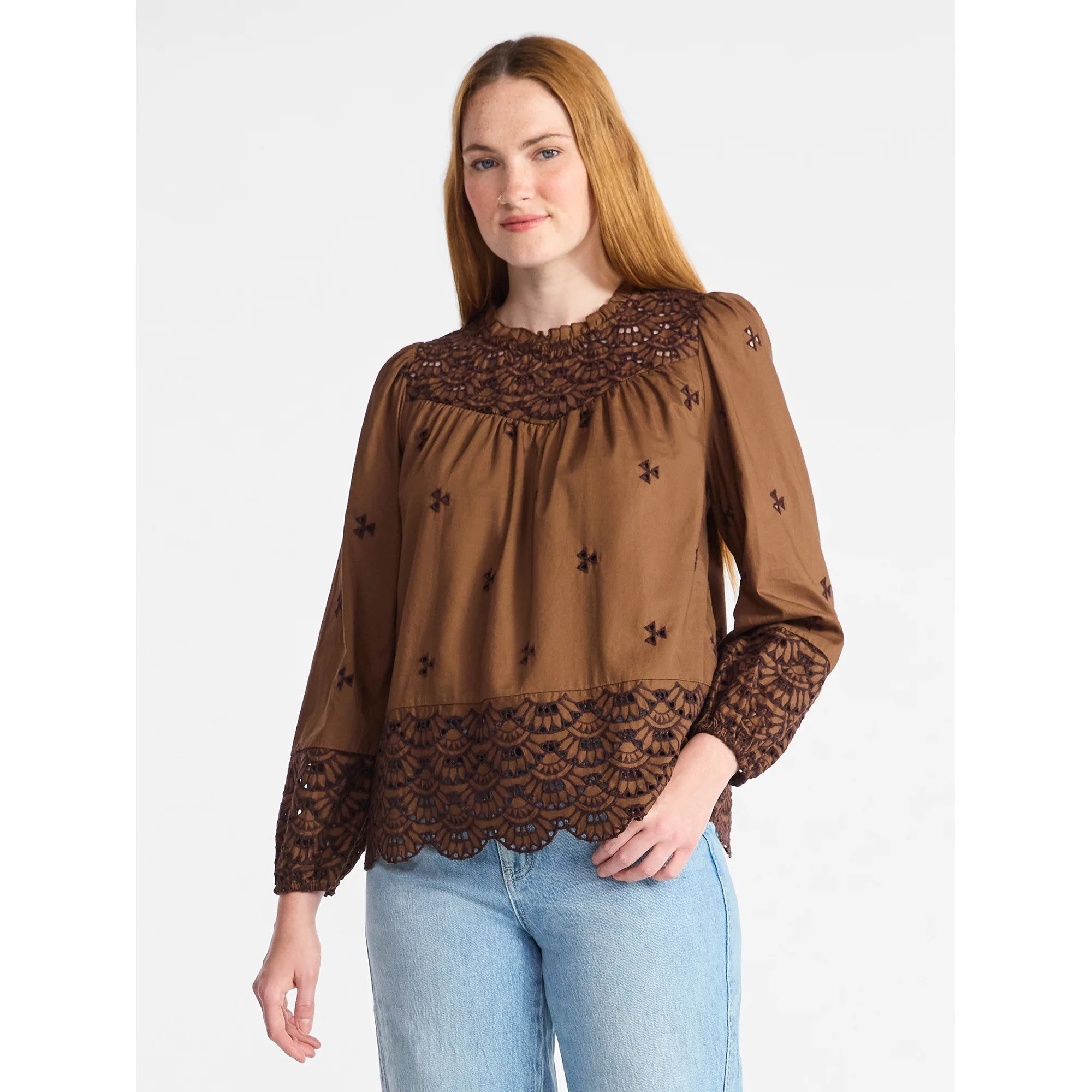 Time and Tru Women's Cotton Eyelet Blouse with Long Sleeves, Sizes XS-XXXL | Walmart (US)