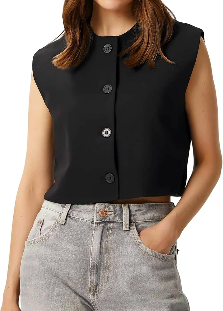 Cropped Suit Vest for Women 2025 Summer Business Button Up Sleeveless Blazer Waistcoat Vest Tops | Amazon (US)