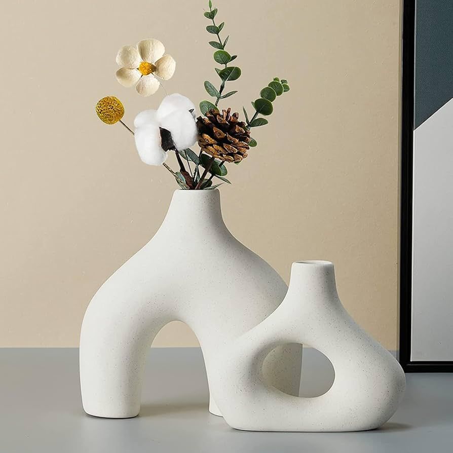 CEMABT White Ceramic Vase Set of 2 Doppelberg Vases for Modern Boho Nordic Minimalism Style Decor... | Amazon (DE)