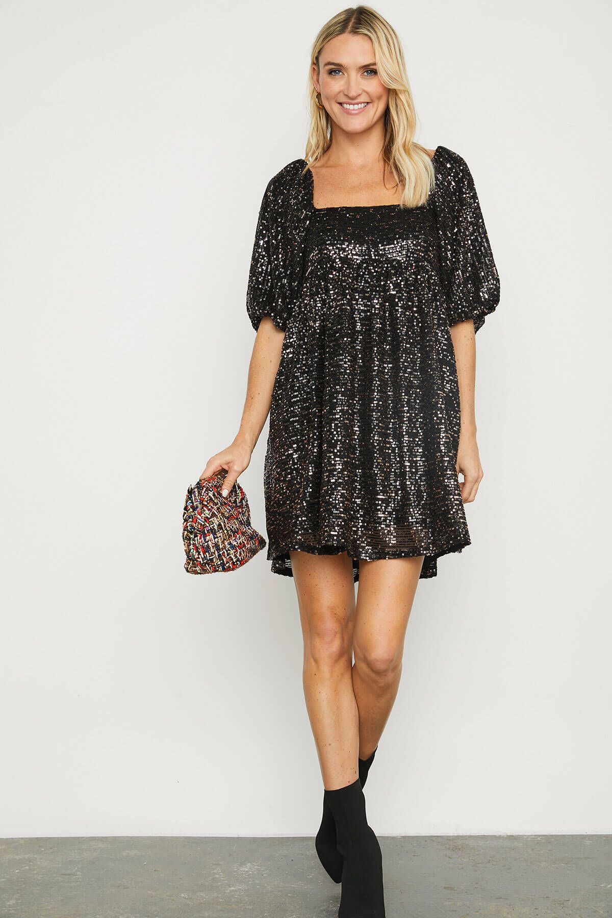 By Together Short Sleeve Babydoll Sequin Dress | Social Threads