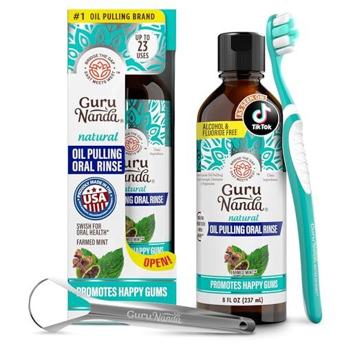 GuruNanda CocoMint Oil Pulling Mouthwash for Complete Oral Hygiene, 7 Essential Oils & Vitamins for Happy Teeth & Gums & Fresh Breath , Alcohol-Free, 8 oz | Amazon (US)