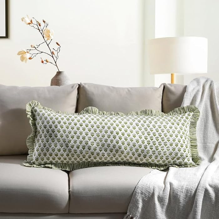 CPC Hand Block Print Emerald Green Ruffle Sham Pillow Cover 36" x 14" inch Hidden Zipper Decorati... | Amazon (US)