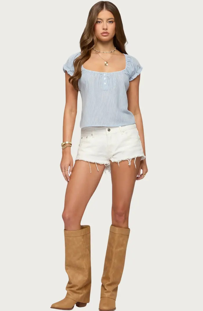 EDIKTED Low Rise Fray Hem Denim Shorts | Nordstrom | Nordstrom