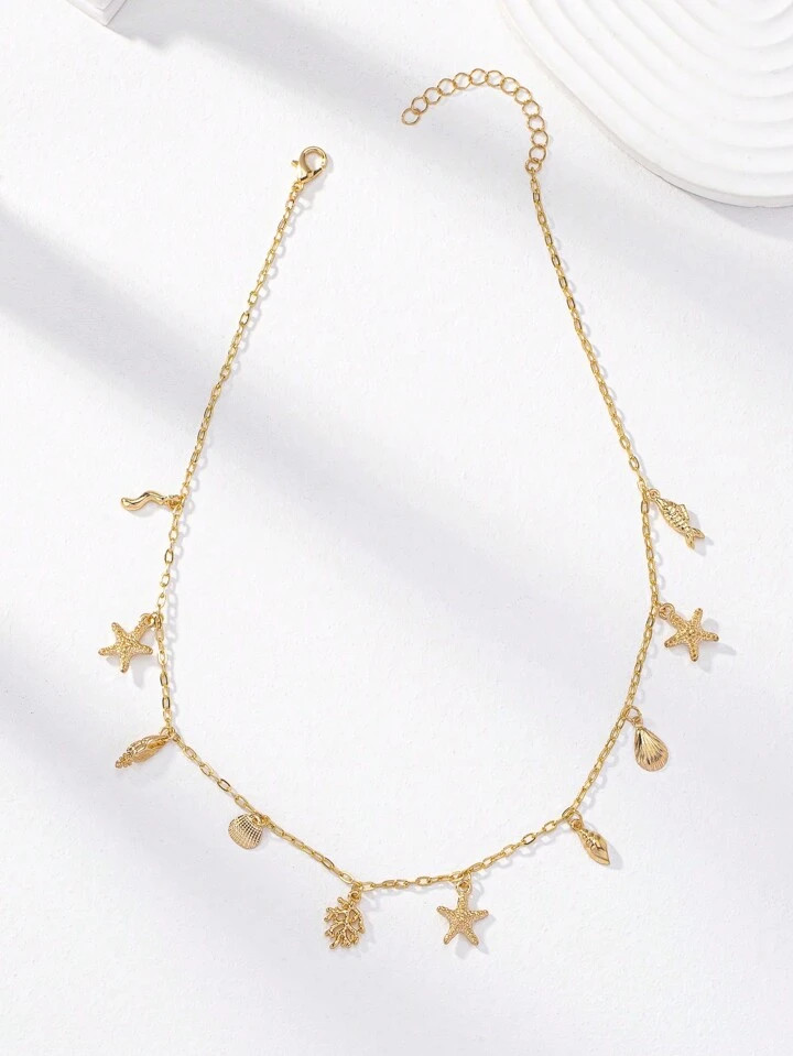 1 Pc Golden Color Sea Beach Shell Starfish Fish Coral Multi Charm Necklace For Women Beach Necklace | SHEIN