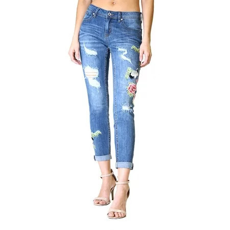 Grace in LA Women s Floral Embroidered Distressed Skinny Fit Stretch Jeans (29) | Walmart (US)
