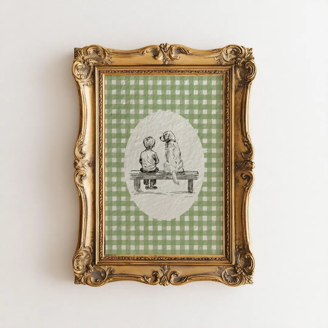 Watercolor Boy and Golden Retriever Art Print, Green Nursery Decor, Vintage Aesthetic Dog Sketch ... | Etsy (US)