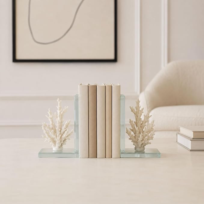 Decorative Coral on Glass Bookends - Coastal Inspired Book Ends for Bookshelf Decor or Book Acces... | Amazon (US)