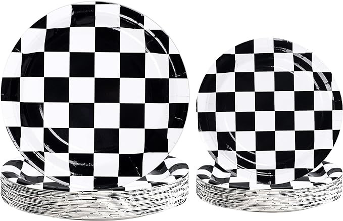 Racing Car Paper Plates Black and White Disposable Plates Checkered Flag Party Plates Round Desse... | Amazon (US)