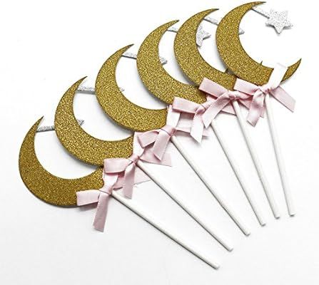 Buorsa 24 Pcs Gold Moon and Star Cupcake Toppers Wedding Birthday Fruit Food Cupcake Picks | Amazon (US)