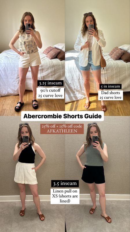 Abercrombie shorts all 25% off + 15% off code AFKATHLEEN or AFSHORTS
25 curve love 90s white shorts 3.25 inseam
25 curve love dad shoets 5 in inseam
Xs lined linen elastic  shorts 3.5 inseam

#abercrombie #shorts 


#LTKSaleAlert #LTKStyleTip