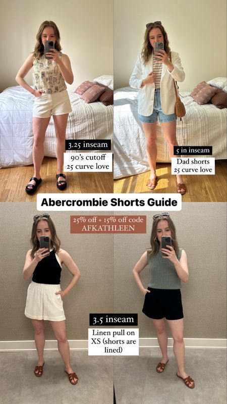 Abercrombie shorts all 25% off + 15% off code AFKATHLEEN. 
25 curve love 90s white shorts 3.25 inseam
25 curve love dad shoets 5 in inseam
Xs lined linen elastic  shorts 3.5 inseam

#abercrombie #shorts 


#LTKStyleTip #LTKSaleAlert