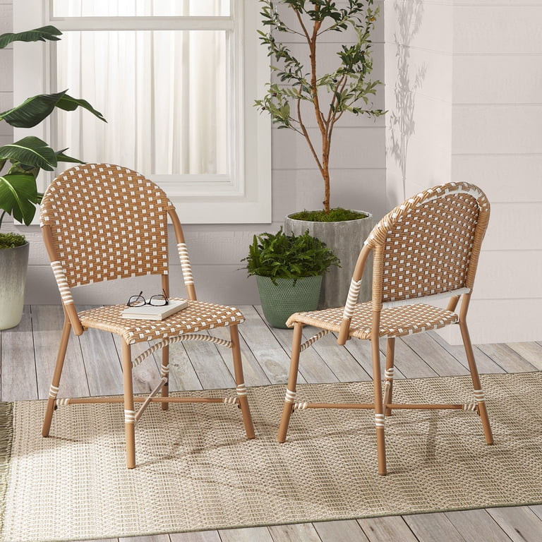 Better Homes & Gardens Lilah Outdoor 2-Piece Wicker Parisian Bistro Chairs, Tan & White | Walmart (US)