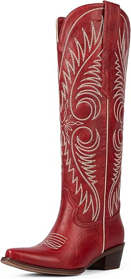 Cowboy Boots for Women Knee High Cowgirl Boots Embroidered Western Boots | Block Chunky Heel,Poin... | Amazon (US)