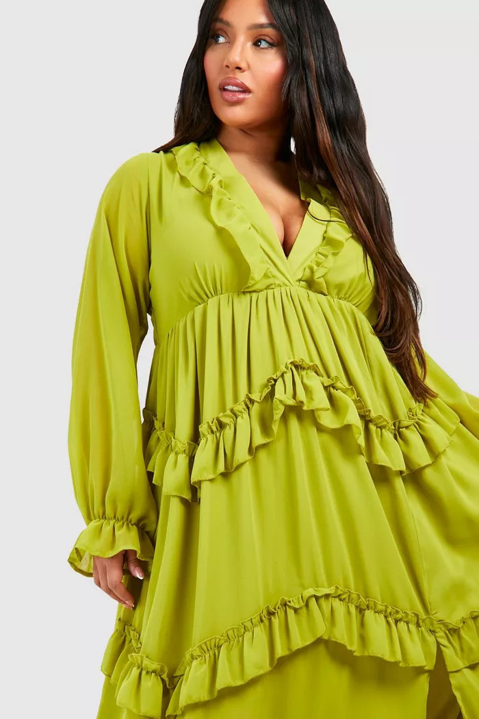 Plus Frill Plunge Ruffle Maxi Dress | boohoo (US & Canada)