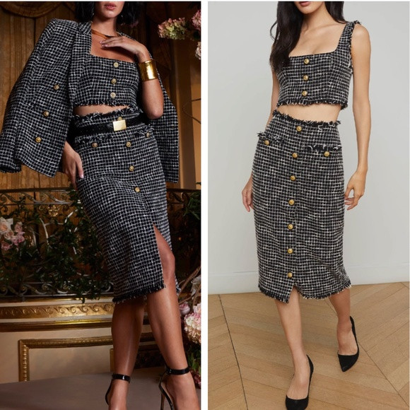 L'AGENCE Maylin Tweed Top & Tai Tweed Midi Skirt Set of 2 - Black/Ecru Ivory | Poshmark