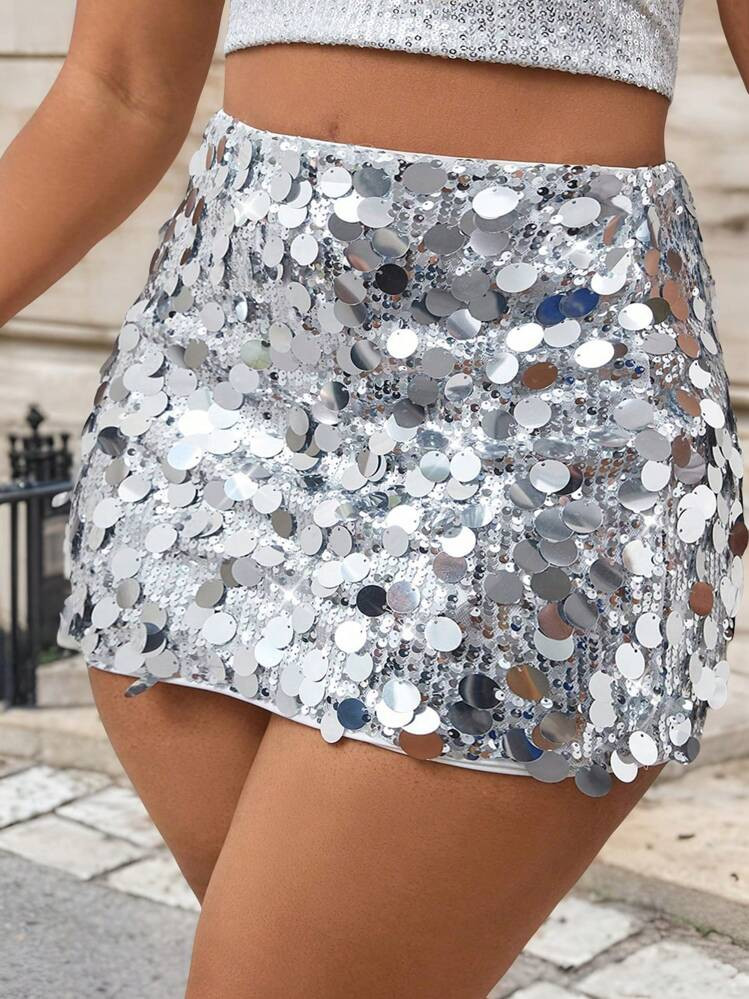 SHEIN BAE Plus Size Shiny Sequin Skirt For New Year Holiday Party Clothes | SHEIN