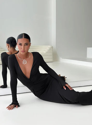 Lezure Plunge Long Sleeve Maxi Dress Black | Princess Polly US