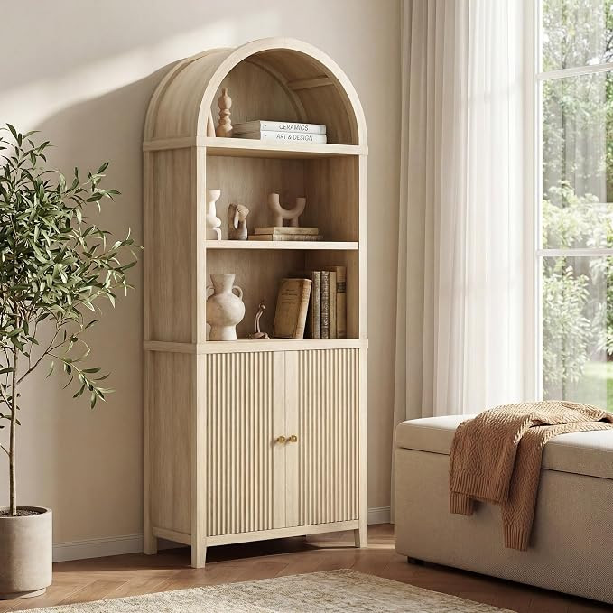 76" Tall Arched Bookcase, 5 Tier Fluted Cabinet with Doors & Adjustable Shelves, Large Arch Books... | Amazon (US)