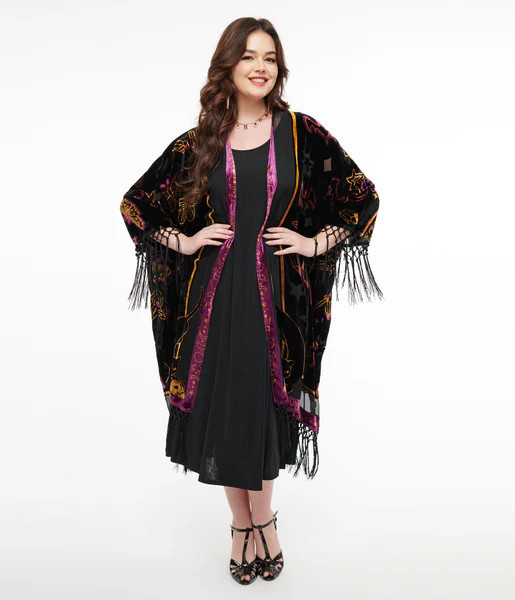 Unique Vintage 1920s Black Velvet Burnout Mystical Icons Fringe Kimono | UniqueVintage