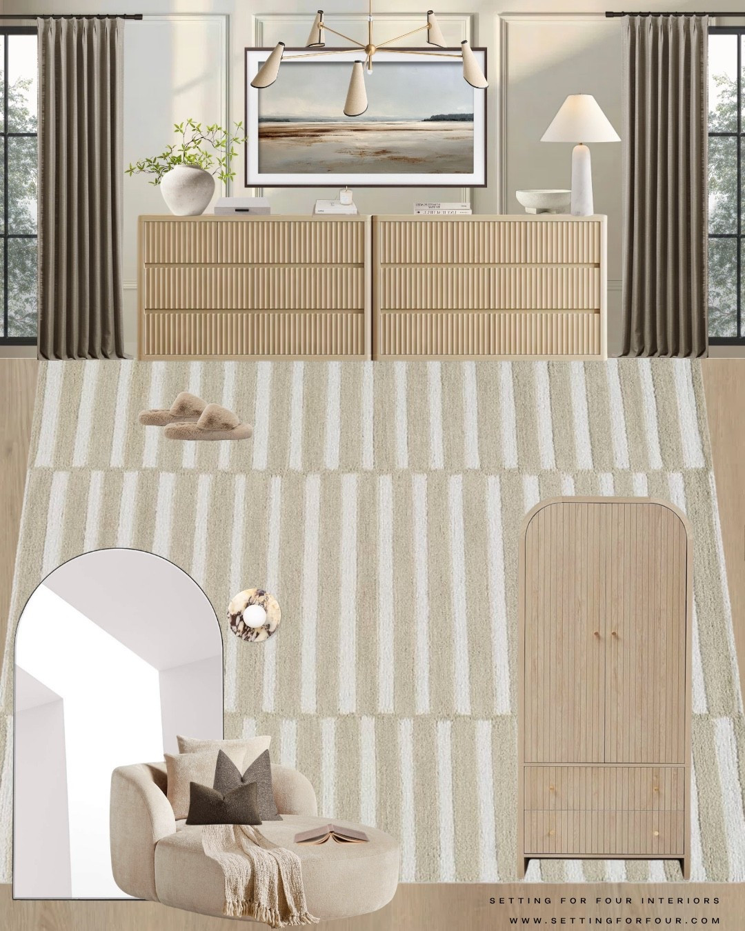 Stylish and cozy primary bedroom dresser,  cabinet storage, and lounge area- design and decor ideas!
Neutral aesthetic, upholstered bed, charging nightstands, bedroom rug, arch mirror, curtains, pillows, Loloi rug, earthy, beige, black, marble, wood, stone, organic modern, transitional, minimalist, Amazon home, Pottery Barn, Crate & Barrel, Restoration Hardware style, Nancy Meyers style,#LTKsale #LTKstyletip

#LTKSaleAlert #LTKHome #LTKmomlife